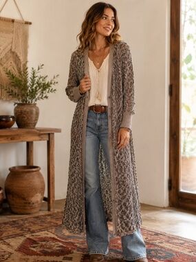 Free People maxi cardigan/sweater buttons wool animal print M boho cottage core